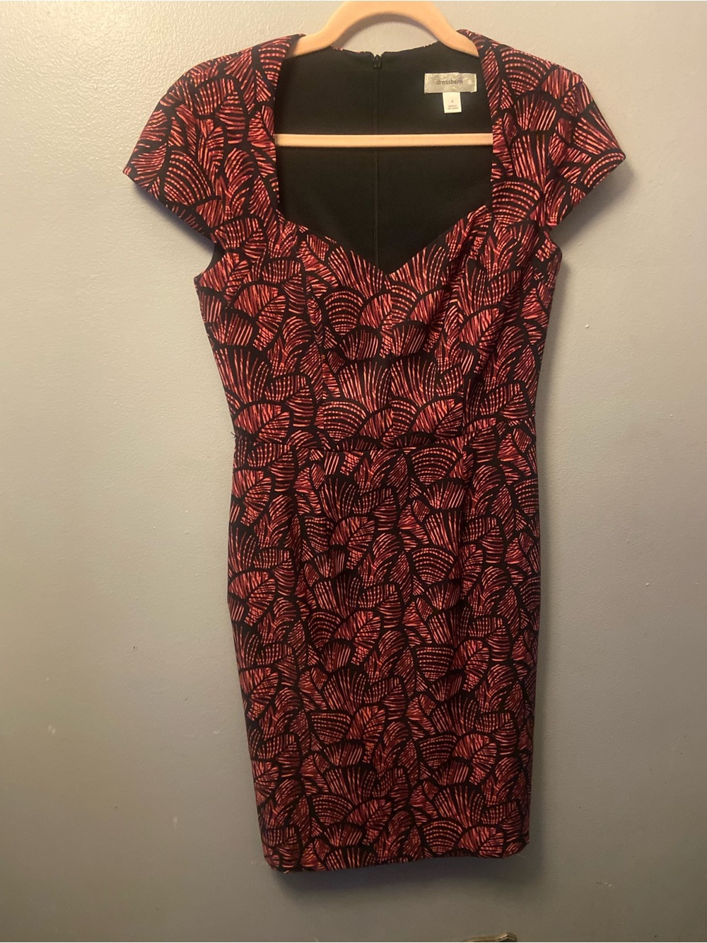 Vintage Dressbarn Black & Red Printed Sheath Dress Size 4 Business Corporate